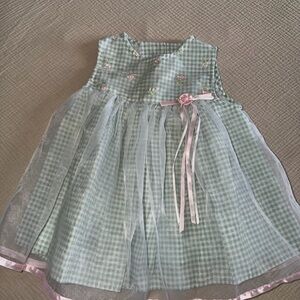 Green and Pink Gingham Dress with Floral Details